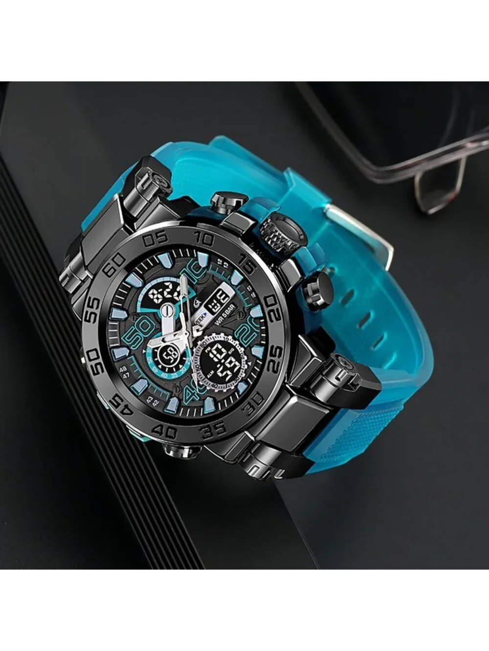 Men Tran Blue Analog Quartz Waterproof Sports Outdoor Military LED Digital Watch